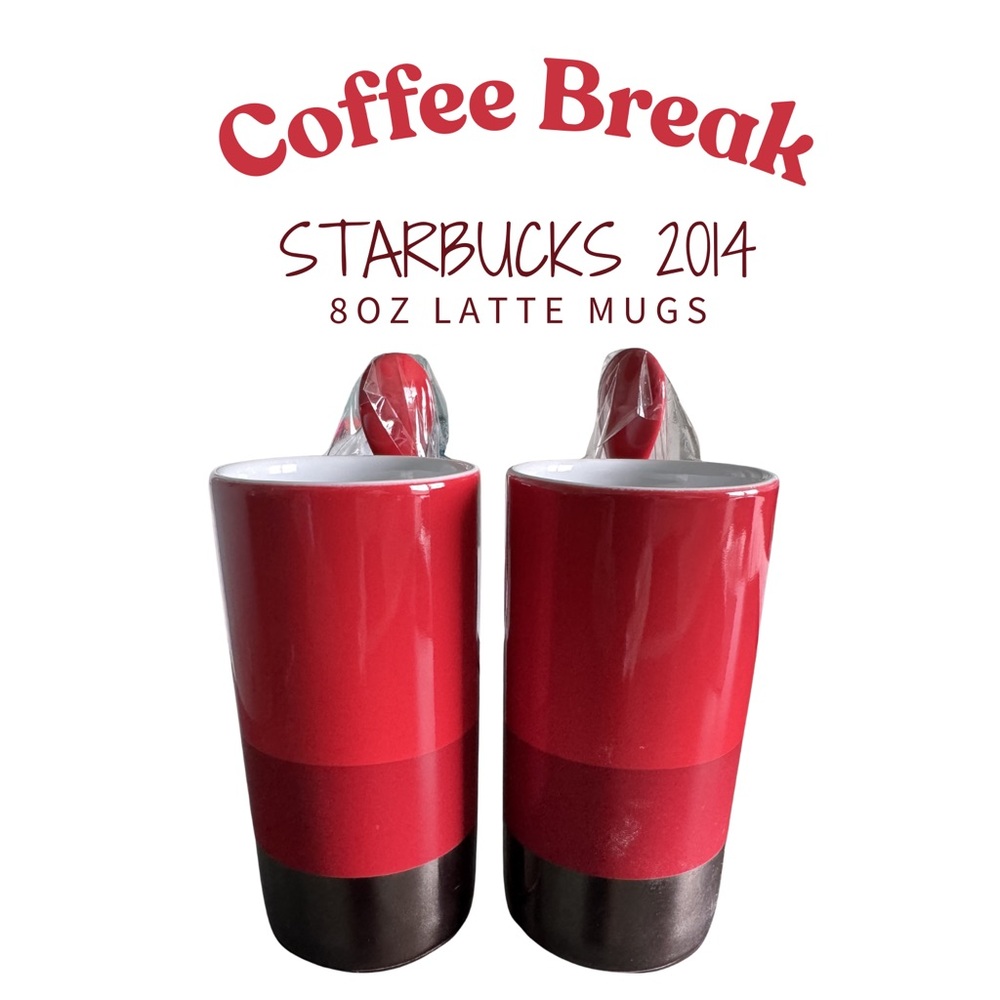 Starbucks 2014 Red Silver 8 oz Verismo‎ Latte Mugs with Spoons Set of 2